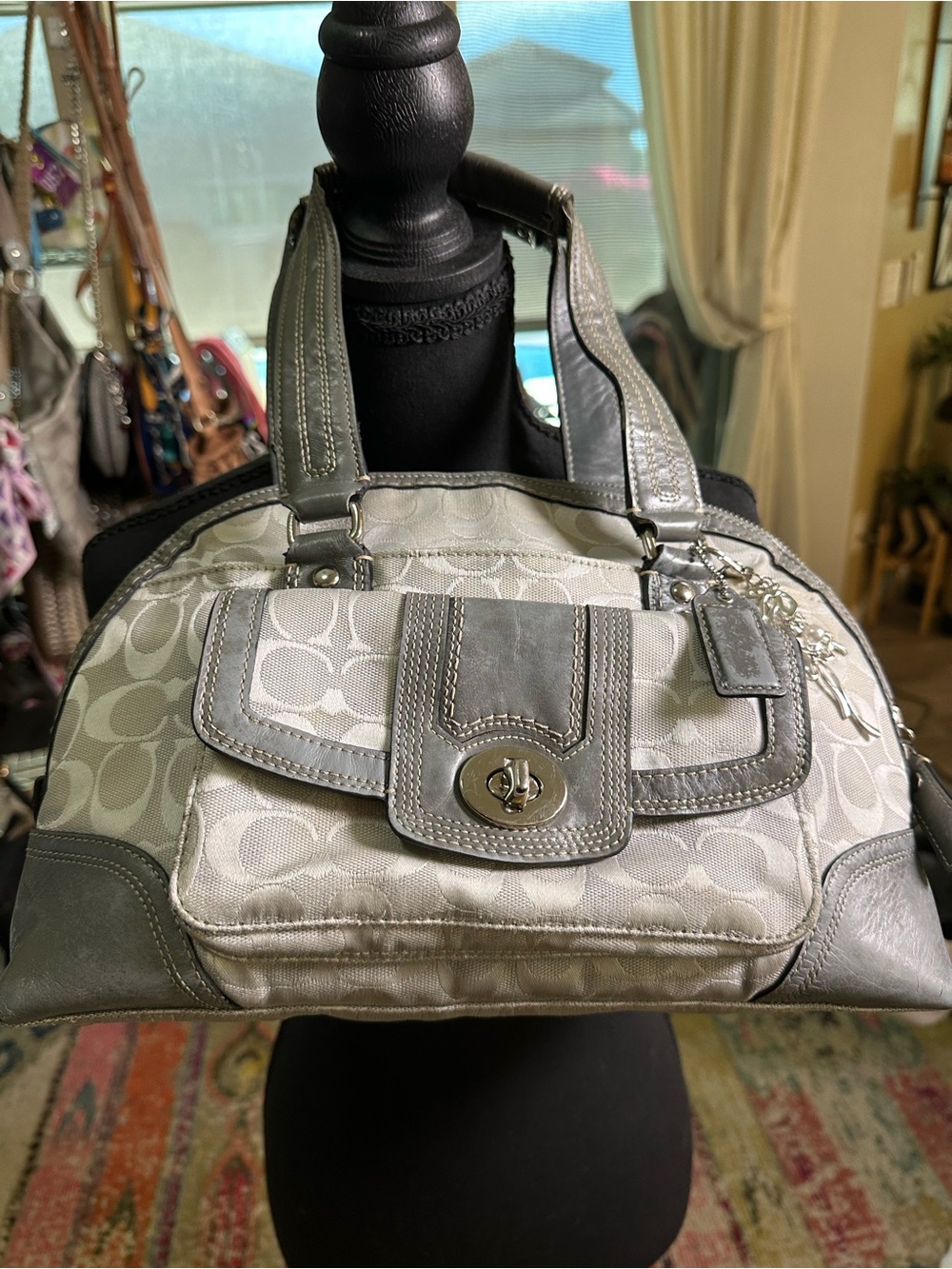 Coach Hampton Signature Dome Gray  Canvas Satchel with Turn-Lock Pocket